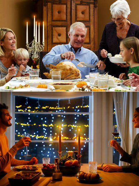 Family dinner with turkey and 24 Pack Flameless Taper Candles Battery Operated LED Candles With Realistic Flicker on table.