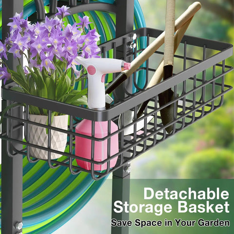Upgraded Garden Hose Holder With Large Basket Heavy Duty And Sturdy Base Freestanding Hose Stand with tools and flowers