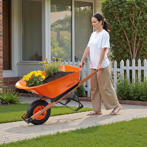 Woman using One Wheel Dump Cart For Garden And Yard, 6 Cu Ft Capacity, 330 Lb Load, Built Tough Wheelbarrow With Metal Handle