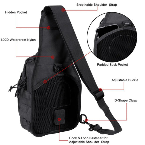 Rugged Waterproof Tactical Backpack With MOLLE Sling Cross Body Chest Bag For Outdoor Use And Everyday Carry, side view