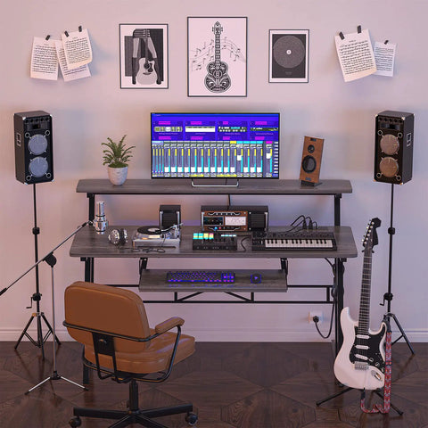 Music Studio Desk Production Workstation With Built In Power Outlet And USB Hub For Recording And Home Studio Use Studio Table For Beat Makers And Producers Grey Oak Finish Includes 3 USB Ports And 2 Outlets with instruments and screen setup.