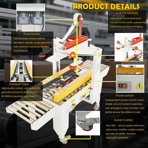 Rock Solid Automatic Carton Sealer Machine For Shipping Boxes And Cases Top And Bottom Continuous Tape Dispenser with adjustable handwheel.