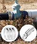 Get That Solid Grip With This 2 Set DIY Hose Clamp Kit Featuring Heavy Duty 304 Stainless Steel Worm Gear Clamps Designed For A Positive Mechanical Lock That Wraps Secure Around Hoses And Stays Firm Under High Pressure Without Slipping So You Can Repair, 2 stainless steel hose clamps on irrigation pipe