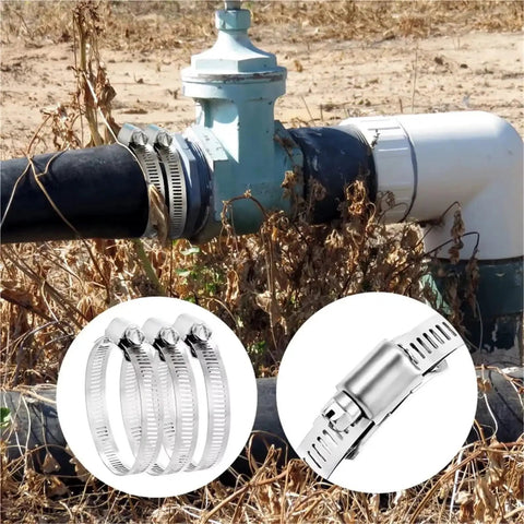 Get That Solid Grip With This 2 Set DIY Hose Clamp Kit Featuring Heavy Duty 304 Stainless Steel Worm Gear Clamps Designed For A Positive Mechanical Lock That Wraps Secure Around Hoses And Stays Firm Under High Pressure Without Slipping So You Can Repair, 2 stainless steel hose clamps on irrigation pipe