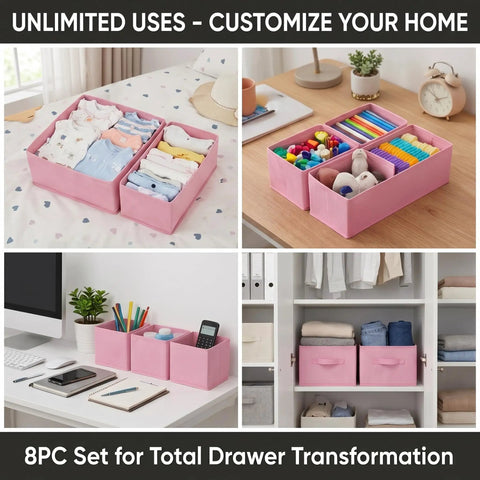 8 Pack Fabric Drawer Organizer Bins with Versatile Multi Size Storage Cubes for Clothing and Gear to Declutter Your Dresser Effortlessly in pink.