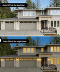 Two Pack Outdoor Wall Lanterns With Dusk To Dawn Sensor And Photo Sensor illustrating auto off and on at a modern house entryway
