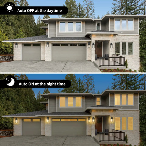 Two Pack Outdoor Wall Lanterns With Dusk To Dawn Sensor And Photo Sensor illustrating auto off and on at a modern house entryway