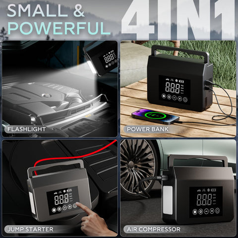 Image showing 4000A Jump Starter With Air Compressor, 12V Car Battery Charger, 150 PSI Tire Inflator, 15000mAh Power Bank, LED Flashlight in use