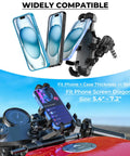 Motorcycle Fork Stem Phone Mount With Vibration Dampener And Anti Shake For A Rock Solid Grip One-Handed Operation Fits 12mm to 25.4mm Fork Tubes. Image shows mount installed on motorcycle with phone.