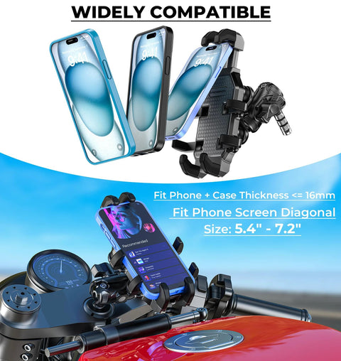 Motorcycle Fork Stem Phone Mount With Vibration Dampener And Anti Shake For A Rock Solid Grip One-Handed Operation Fits 12mm to 25.4mm Fork Tubes. Image shows mount installed on motorcycle with phone.