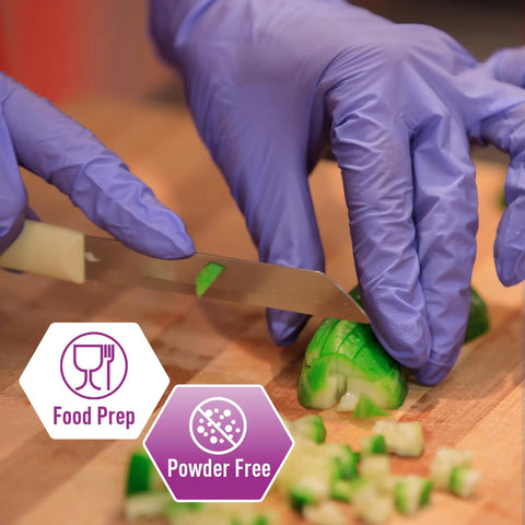 Person wearing Powder Free Nitrile Exam Gloves X Large Pack Of 100 Textured Fingertips For Boss Level Grip And Dexterity Latex Free Durable, cutting vegetables.