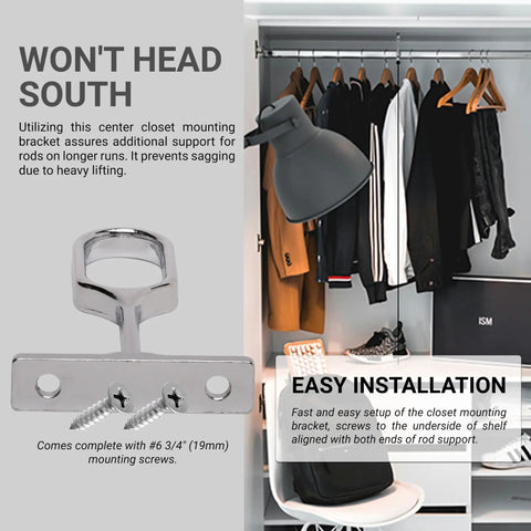 Hella Sturdy Closet Rod Center Supports, 3 Pack Chrome Oval Brackets on display with screws, ideal for preventing rod sagging.