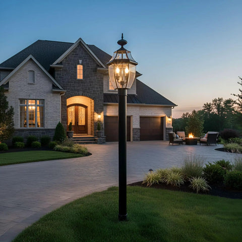 Newbury Outdoor Post Lantern 21 Inch 2 Light Medici Bronze French Country Lamp Post illuminating driveway garden