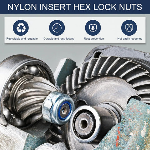 Heavy Duty M12 X 1.5 Nylon Insert Hex Lock Nuts 5 Pack 304 Stainless Steel Self Locking Fasteners With Blue Nylon Ring For Shop Builds And Hot Rod Fixes Rock Solid Hold Always with gears and metal components.