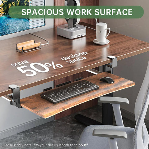 Extra Large Under Desk Keyboard Tray With Slide Out Design, Sturdy C Clip Mount System, Rustic Vintage Brown Finish with keyboard