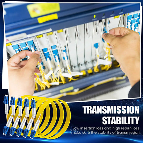 Close-up of person connecting 10 Piece LC To LC Single Mode OS2 Fiber Patch Cables, 6.5 Feet Long, Heavy Duty PVC.