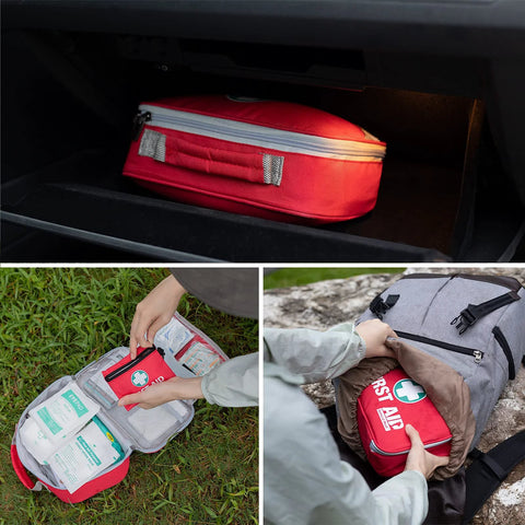 General Medi 2-in-1 First Aid Kit, red travel pouch stored in car glove compartment.
General Medi 2-in-1 Mini First Aid Kit, red case opened to reveal medical supplies.
General Medi 2-in-1 Mini First Aid Kit, red case being placed into a backpack.