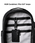 Backpack with EDC Carabiner With Quick Release Keychain And Magnetic Belt Clip, fits 0.8-inch loops, holding a black pouch