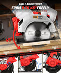 Badass Seven Inch Brushless Cordless Circular Saw Runs Smooth As Glass At Eight Thousand Rpm showcasing angle adjustment and cutting wood.
