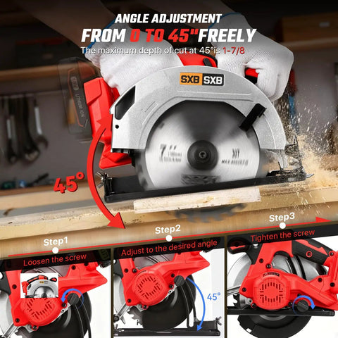 Badass Seven Inch Brushless Cordless Circular Saw Runs Smooth As Glass At Eight Thousand Rpm showcasing angle adjustment and cutting wood.