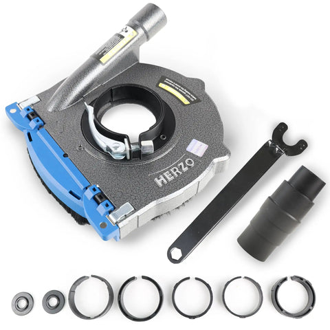 Aluminum Dust Shroud for 7 Inch Angle Grinders Universal Fit with brush ring, hose adapter, and accessories displayed
