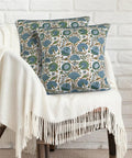 Block Print Asparagus Green Pillow Covers 16x16 Set of 2, cotton floral pillows on chair