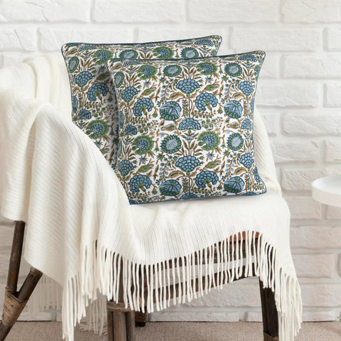 Block Print Asparagus Green Pillow Covers 16x16 Set of 2, cotton floral pillows on chair