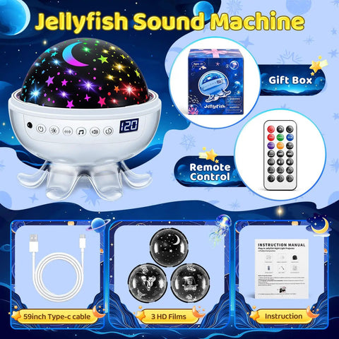 All In One Outdoor Speaker Sleep Sound Machine With Projector Star Light, 30 Soothing Sounds White Noise For Sleep shown with remote and films