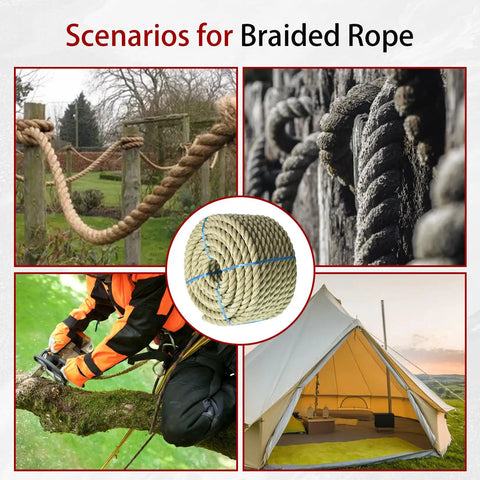 Heavy Duty Three Quarters Inch Polyethylene Rope 100 Feet 3 Strand For Indoor And Outdoor Use Go To Camping Swing Setups Tying Gear Drying Racks Brown; rope shown in various outdoor scenarios including camping tent and tree work.