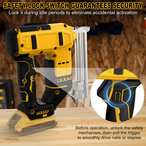 No Sweat Battery Powered 18 Gauge Cordless Brad Nailer With 1000 Brads Fits DeWalt 20V Max Packs close-up showing safety lock switch.