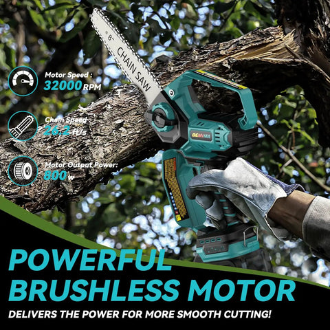 Two In One Cordless Mini Chainsaw With 800W Brushless Motor, 8 Inch And 6 Inch Cutting Bars, Auto Oiler, No Battery Included in use