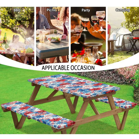 Floral Picnic Table And Bench Cover Set Windproof Dustproof And Washable Rectangle Tablecloths for Backyard Picnics on wooden table