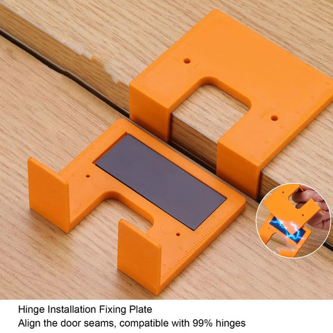 Door Jamb Hinge Jig Kit With Thickened Mounting Plates For Quick, No Hassle Hinge Install, Magnetic Limit Plate With Drill Locator Pencil, Delivers Precise 2mm Positioning For Fast, Clean Cabinet Or Door Setup shown on wooden surface.