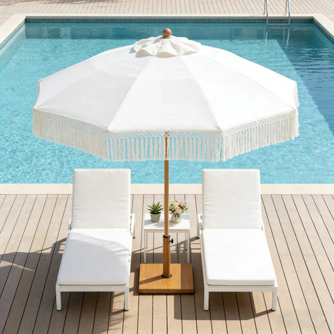 Beefy 43 Lb Concrete Patio Umbrella Base Teak Brown Square Outdoor Stand For 6 To 12 Ft Market Umbrellas by a Poolside
