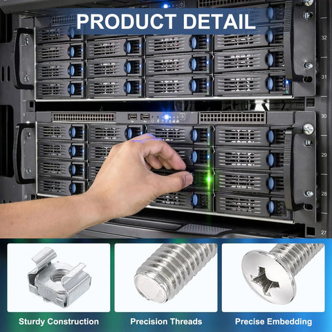 Pro Grade M5 X 20mm Cage Nuts and Rack Screws 20 Pack Zinc Coated Snap In Server Cabinet Hardware in use during installation.