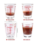 Two Pack Shot Glass Measuring Cup Set With Thick Base, Multi Unit Liquid Measuring Cup For Espresso And Drinks, Four Measuring Scales Include 1 OZ, 2 TBS, 6 TSP, 30 ML For Precise Pouring displaying different liquid measurements.