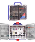 WORKPRO 530-piece rotary tool kit in a blue plastic case; front closed and open view showing assorted bits and discs.