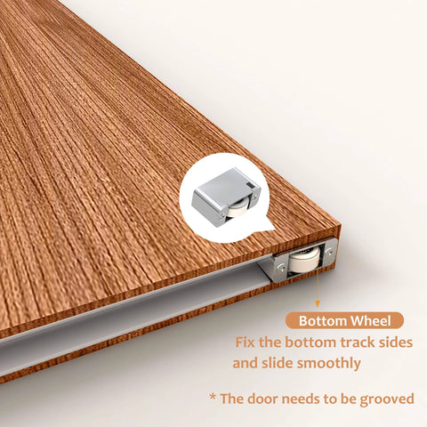 Close-up of bottom wheel mechanism of Concealed Barn Door Hardware Kit With Soft Close Mechanism And Hidden Track, Wall Mounted Invisible Sliding Door System For Opening Width 30 To 34 Inches, Requires Groove, Ultra Quiet Glide, Durable Aluminum Rails, Clean Modern Finish