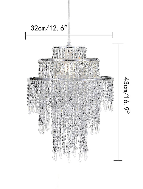 Large Three Tier Beaded Chandelier Lampshade With Sparkling Silver Beads And Acrylic Droplets, Chrome Frame, Ceiling Pendant Light Shade, Diameter 12.6 Inches, Shatter Resistant, Snazzy Modern Glam Decor