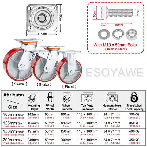 Heavy Duty Swivel Casters Set Of Four With 8 Inch Polyurethane Wheels And Secure Locking Brakes Built Tough Silky Smooth Rolling Workhorse For Garage Shop Equipment Moving showing various sizes and mounting options.