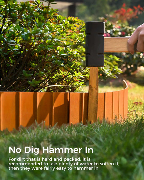 Hammer installing Cor-Ten Garden Edging Border Set, 6 Pack 5.5 Inch Tall by 40 Inch Long Panels, Pre-Rusted No-Dig
