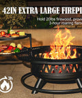 42 Inch Outdoor Fire Pit Table With Dual Grills And Lid For Bonfires Camping Picnics Backyard Parties And Patio Heating 3 In 1 Round Metal Fire Pit For Cooking And Warmth with flames and food grills