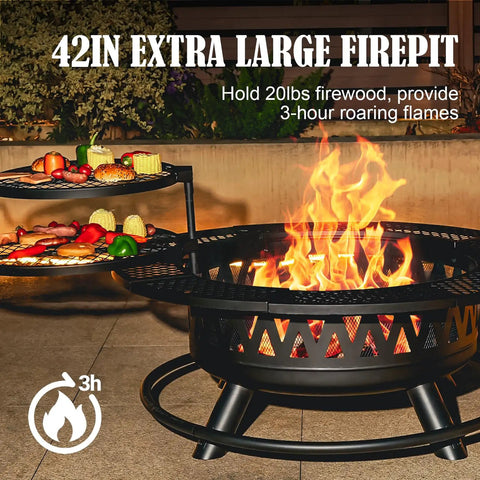 42 Inch Outdoor Fire Pit Table With Dual Grills And Lid For Bonfires Camping Picnics Backyard Parties And Patio Heating 3 In 1 Round Metal Fire Pit For Cooking And Warmth with flames and food grills