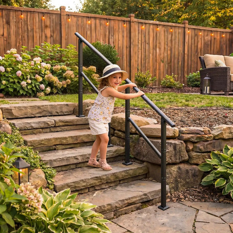 Child using Heavy Duty Outdoor Hand Rail For 2 To 3 Steps Black Iron Style Stair Railing For Concrete Brick Wood Stairs