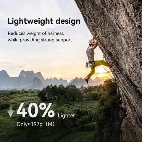 Climber using Go-To Ultralight Mountaineering Harness For Rock Climbing And Skiing on a cliff at sunset, highlighting its lightweight design.