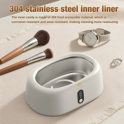 Deep Clean Master Ultrasonic Cleaner 45KHz 16oz Stainless Steel Tank next to jewelry and watch