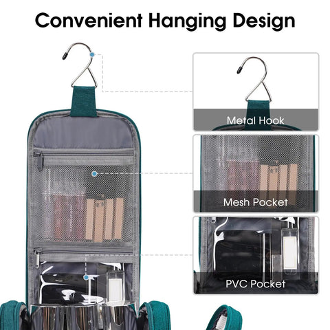 Large Hanging Toiletry Bag For Women And Men, Grab And Go Travel Makeup Organizer With Dry Wet Separation, displaying mesh and PVC pockets, teal.