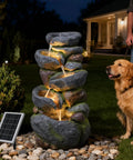 5 Tier Rock Solar Water Fountain Outdoor Garden With LED Lights 36 Inch Tall Cascading Water Feature for Patio at night