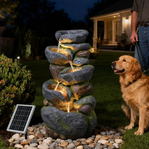 5 Tier Rock Solar Water Fountain Outdoor Garden With LED Lights 36 Inch Tall Cascading Water Feature for Patio at night