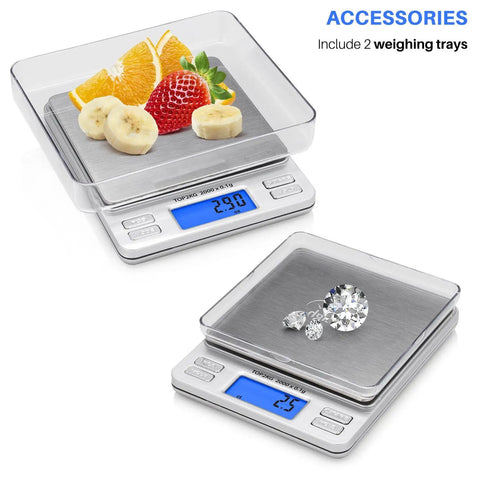 On The Go Pocket Scale With 2000g Capacity And 0.1g Precision, 6 Weighing Units G Oz Ct Ozt Dwt Gn, LCD Display, two trays